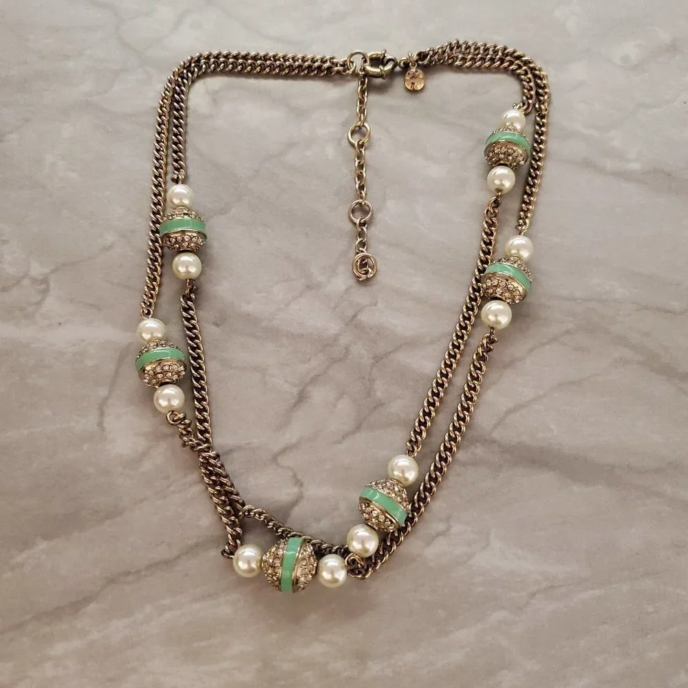 ✨ J.Crew Rhinestone Crystal Pave Ball Pearl Double Chain Necklace ✨
